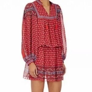 Ulla Johnson Barney's Reema Red Floral Long Sleeve Silk Peasant Dress 2 Boho